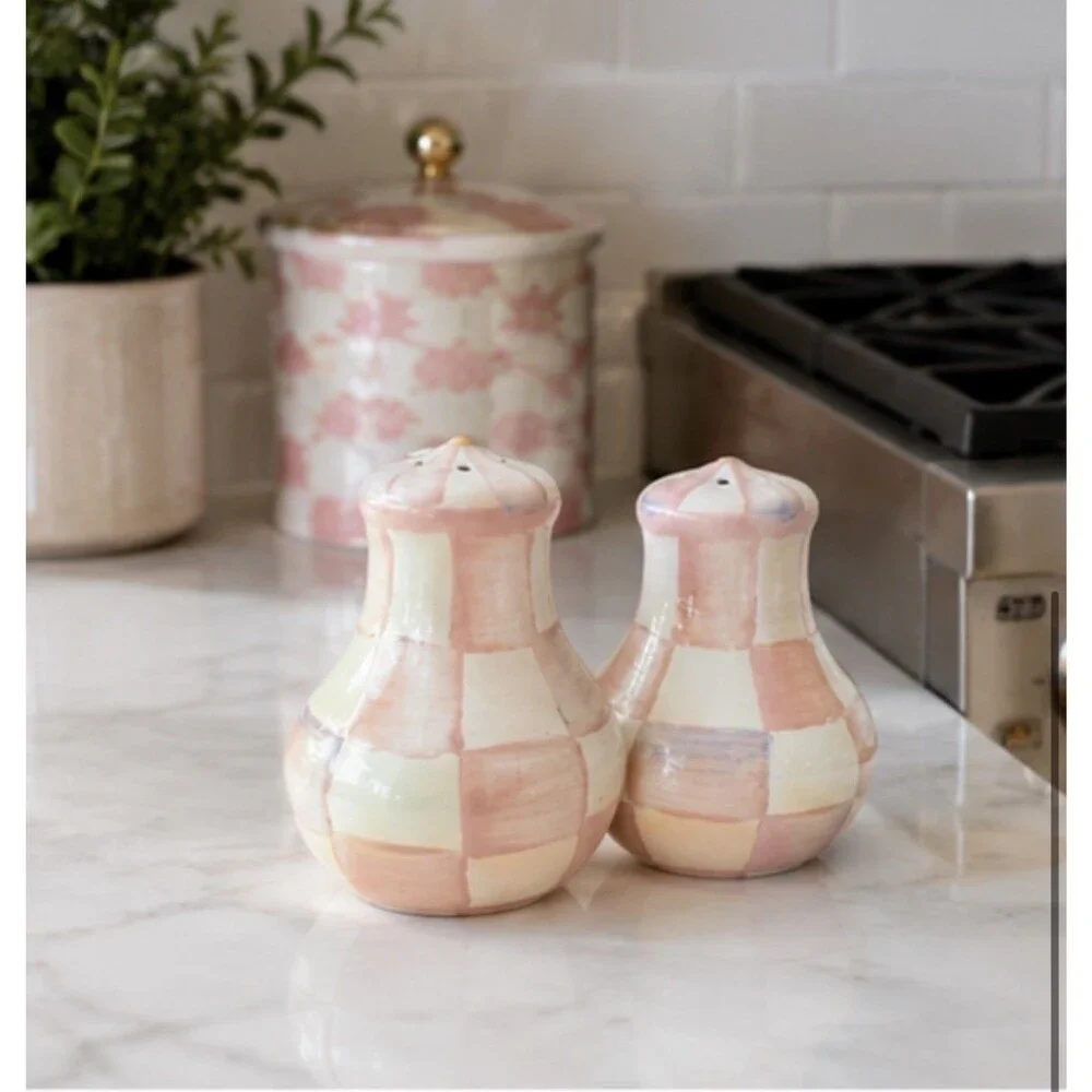 Mackenzie Childs Rosy Check Salt & Pepper Shakers New in Box
